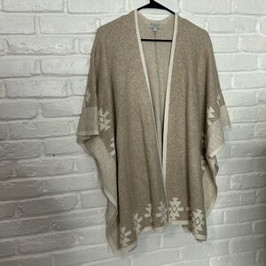 Boho Tribal Poncho Cardigan Women Large Beige Open Front Cozy Wrap Sweater